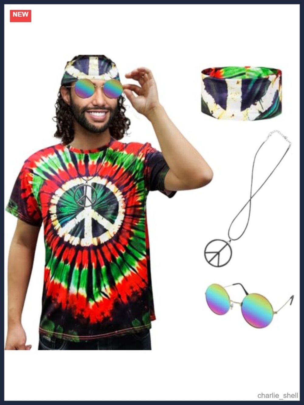 Hippie Costume 4-Piece Tie-Dye T-Shirt Sunglasses Headband Peace Necklace 60s